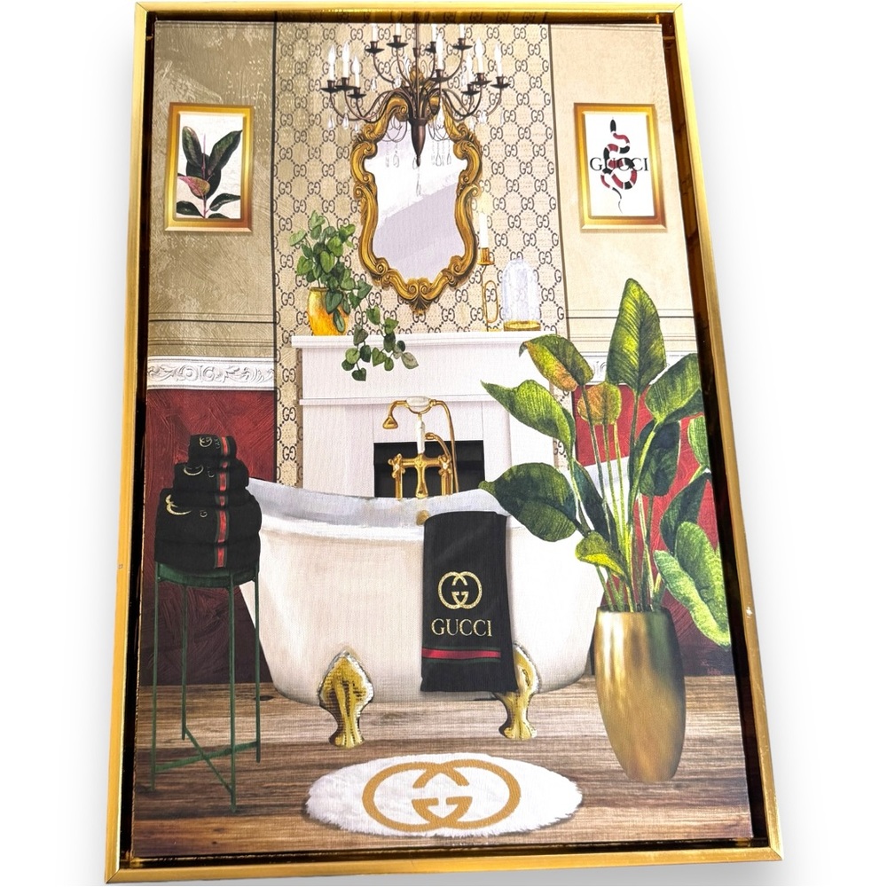 Gucci Towel on Bath Gold-Framed Bathroom Art